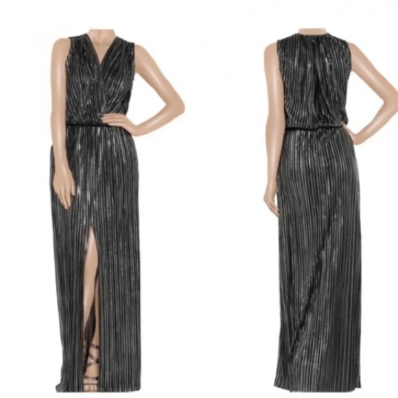L’Agence Pleated Metallic Silver Black Satin Maxi Dress Large Disco Maximalist